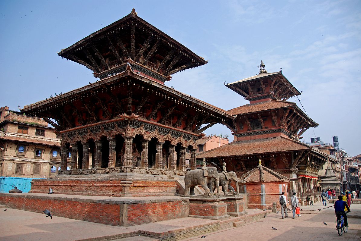 Kathmandu Patan Durbar Square 20 Vishwanath Temple With Two Large Stone Elephants Guarding The Entrance and Bhimsen Temple 